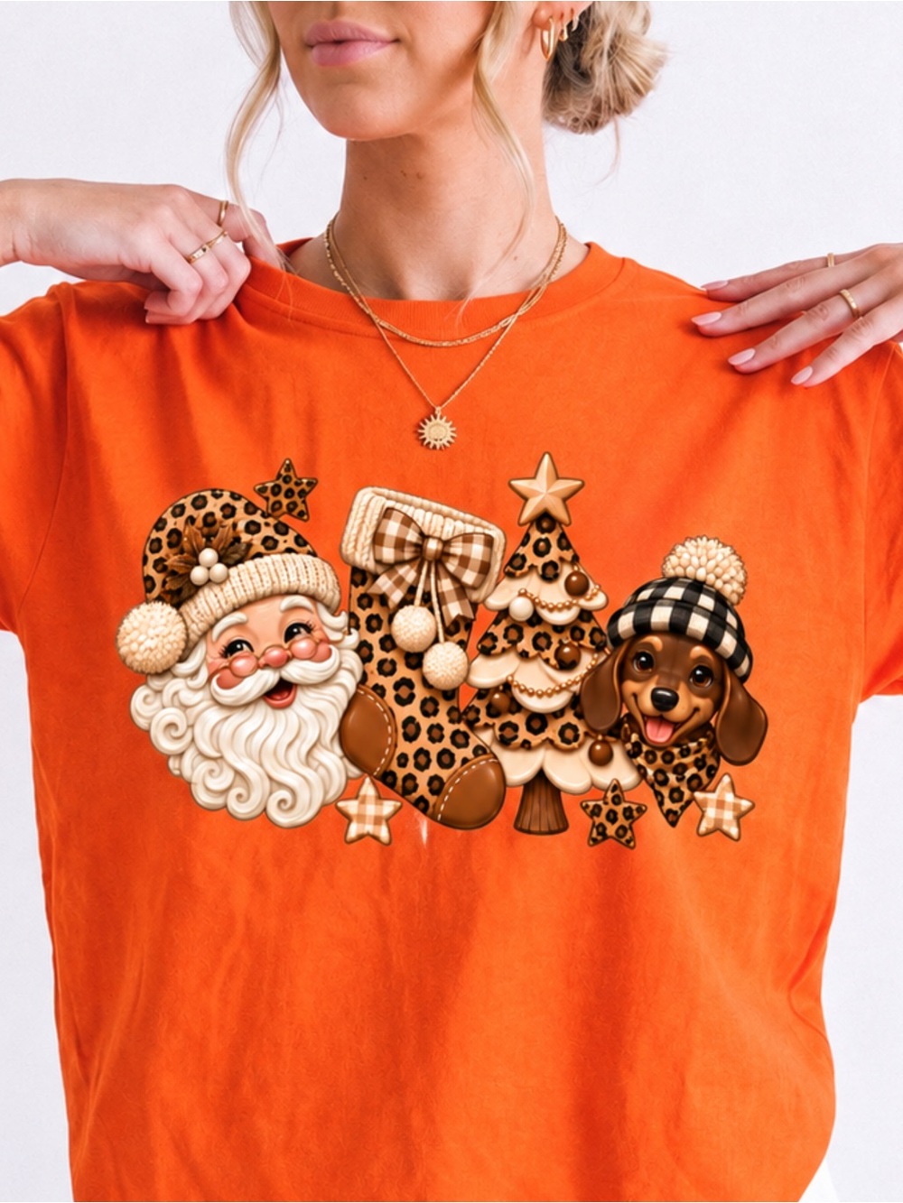 Leopard Dachshund Christmas Graphic T-Shirt Orange Green Size M NWT